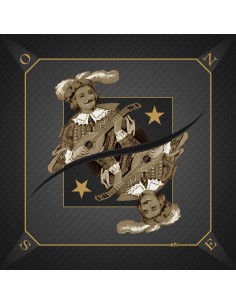 Tapis de jeu de tarot noir avec illustration de la carte Excuse représentant un roi musicien jouant de la mandoline