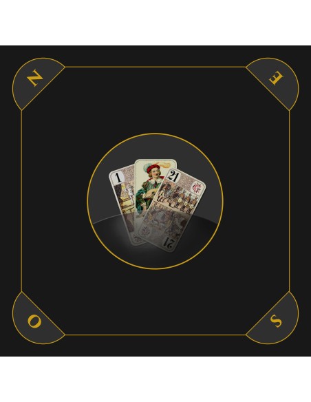 Tapis de jeu de tarot noir et or avec illustration des trois bouts