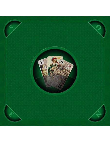 Tapis de jeu de tarot vert avec illustration des trois bouts